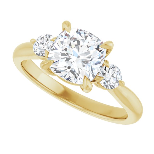 Three-stone engagement ring with round side stones in 14K gold, diamond center, showing setting detail variant--Cushion variant--2CT variant--14K-yellow-gold
