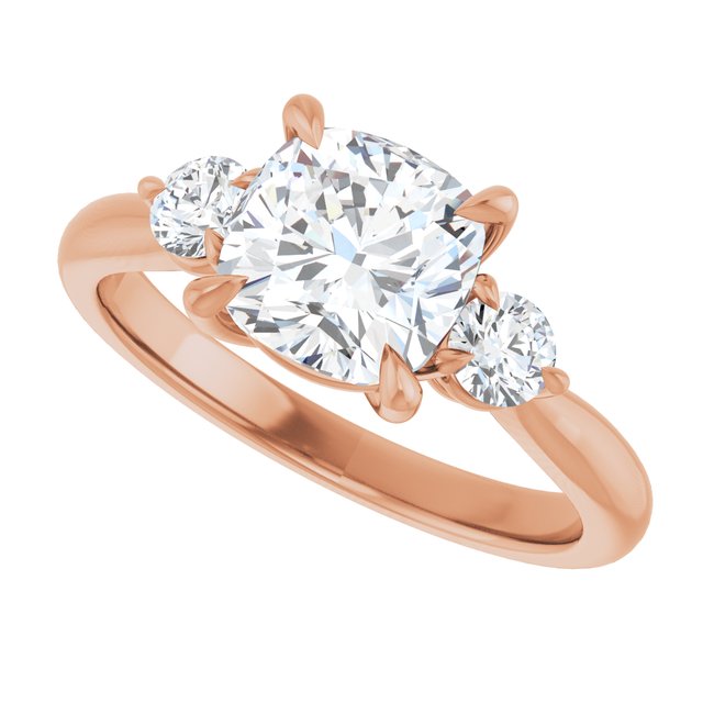 Three-stone engagement ring with round side stones in 14K gold, diamond center, three-quarter angle variant--Cushion variant--2CT variant--14K-rose-gold