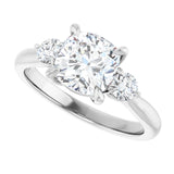 Three-stone engagement ring with round side stones in 14K gold, diamond center, front view variant--Cushion variant--2CT variant--14K-white-gold