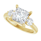 Three-stone engagement ring with round side stones in 14K gold, diamond center, side profile variant--Square variant--2CT variant--14K-yellow-gold