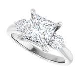 Three-stone engagement ring with round side stones in 14K gold, diamond center, on hand variant--Square variant--2CT variant--14K-white-gold
