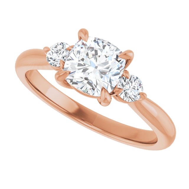 Three-stone engagement ring with round side stones in 14K gold, diamond center, in packaging variant--Cushion variant--1CT variant--14K-rose-gold