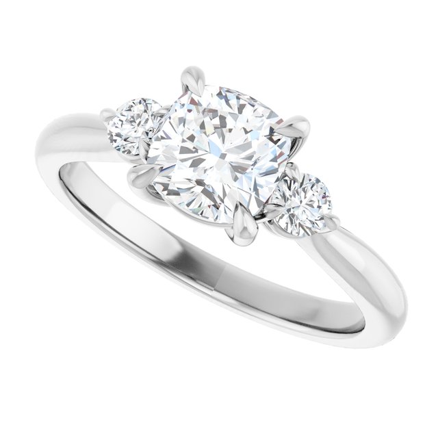 Three-stone engagement ring with round side stones in 14K gold, diamond center, overhead variant--Cushion variant--1CT variant--14K-white-gold