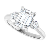 Three-stone engagement ring with round side stones in 14K gold, diamond center, overhead variant--Emerald variant--2CT variant--14K-white-gold