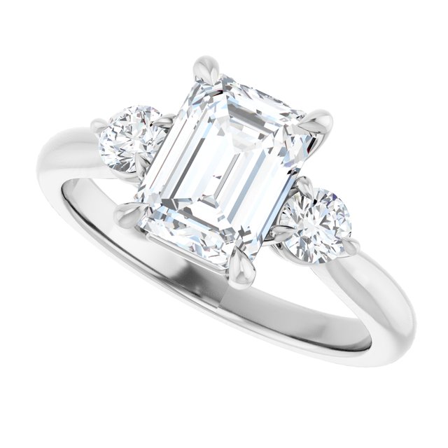 Three-stone engagement ring with round side stones in 14K gold, diamond center, overhead variant--Emerald variant--2CT variant--14K-white-gold