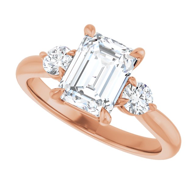 Three-stone engagement ring with round side stones in 14K gold, diamond center, showing setting detail variant--Emerald variant--2CT variant--14K-rose-gold