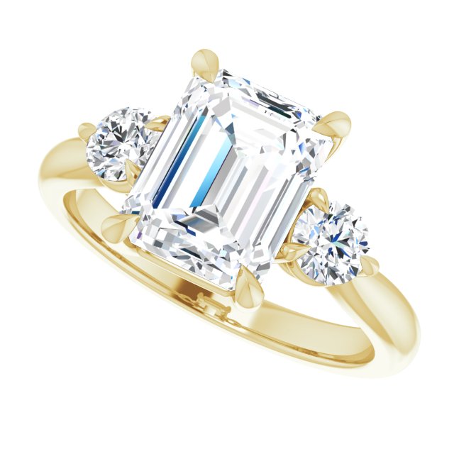 Three-stone engagement ring with round side stones in 14K gold, diamond center, three-quarter angle variant--Emerald variant--3CT variant--14K-yellow-gold