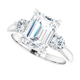 Three-stone engagement ring with round side stones in 14K gold, diamond center, on hand variant--Emerald variant--3CT variant--14K-white-gold