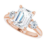 Three-stone engagement ring with round side stones in 14K gold, diamond center, overhead variant--Emerald variant--3CT variant--14K-rose-gold