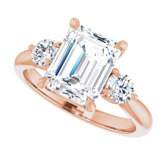 Three-stone engagement ring with round side stones in 14K gold, diamond center, overhead variant--Emerald variant--3CT variant--14K-rose-gold