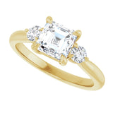 Three-stone engagement ring with round side stones in 14K gold, diamond center, overhead variant--Asscher variant--1CT variant--14K-yellow-gold