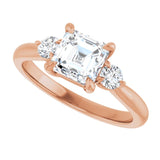 Three-stone engagement ring with round side stones in 14K gold, diamond center, showing setting detail variant--Asscher variant--1CT variant--14K-rose-gold