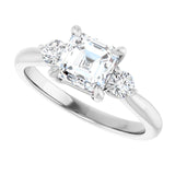 Three-stone engagement ring with round side stones in 14K gold, diamond center, in packaging variant--Asscher variant--1CT variant--14K-white-gold