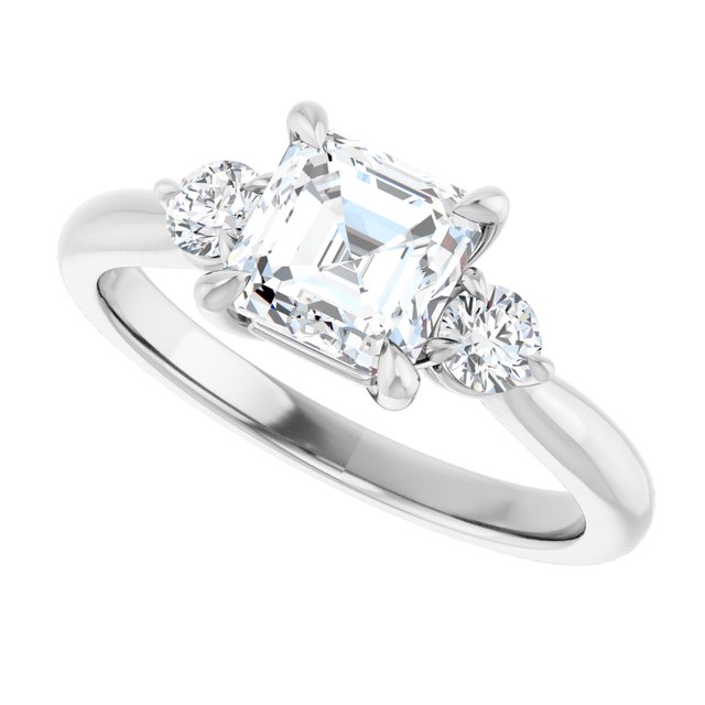 Three-stone engagement ring with round side stones in 14K gold, diamond center, in packaging variant--Asscher variant--1CT variant--14K-white-gold