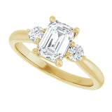 Three-stone engagement ring with round side stones in 14K gold, diamond center, overhead variant--Emerald variant--1CT variant--14K-yellow-gold