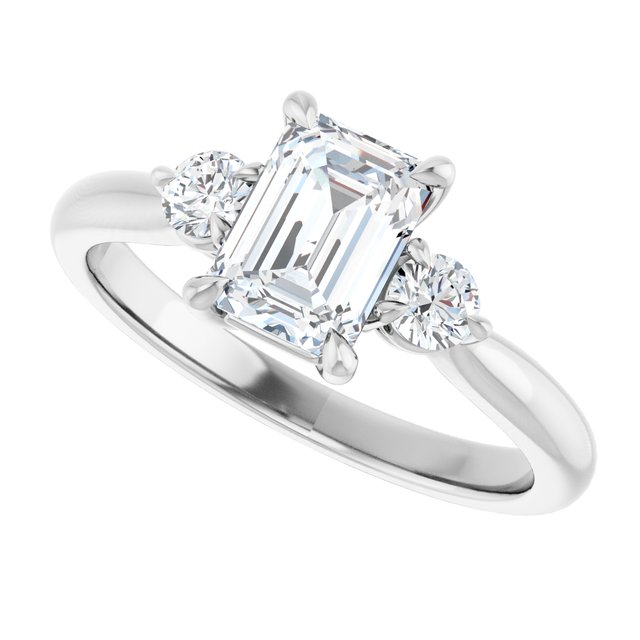 Three-stone engagement ring with round side stones in 14K gold, diamond center, showing setting detail variant--Emerald variant--1CT variant--14K-white-gold