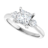 Three-stone engagement ring with round side stones in 14K gold, diamond center, front view variant--Square variant--1CT variant--14K-white-gold