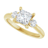 Three-stone engagement ring with round side stones in 14K gold, diamond center, side profile variant--Square variant--1CT variant--14K-yellow-gold