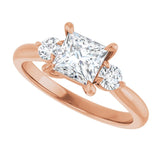 Three-stone engagement ring with round side stones in 14K gold, diamond center, three-quarter angle variant--Square variant--1CT variant--14K-rose-gold