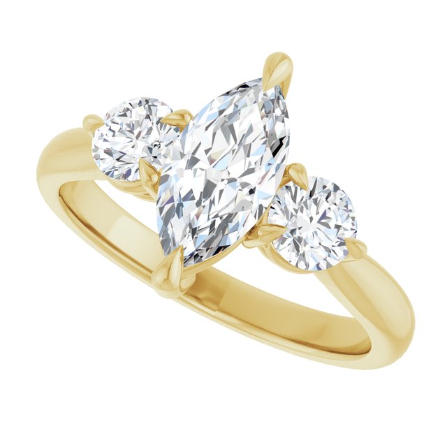 Three-stone engagement ring with round side stones in 14K gold, diamond center, showing setting detail variant--Marquise variant--1CT variant--14K-yellow-gold