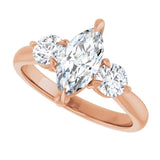Three-stone engagement ring with round side stones in 14K gold, diamond center, on hand variant--Marquise variant--1CT variant--14K-rose-gold