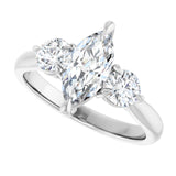 Three-stone engagement ring with round side stones in 14K gold, diamond center, three-quarter angle variant--Marquise variant--1CT variant--14K-white-gold