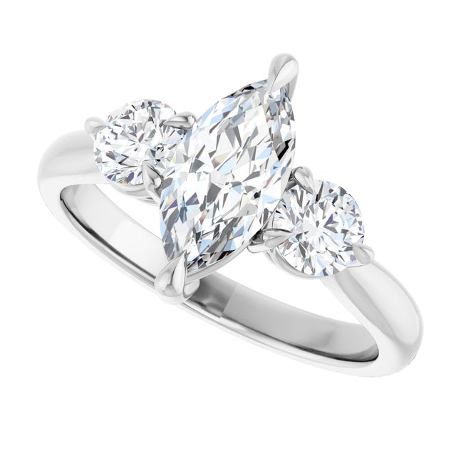 Three-stone engagement ring with round side stones in 14K gold, diamond center, three-quarter angle variant--Marquise variant--1CT variant--14K-white-gold