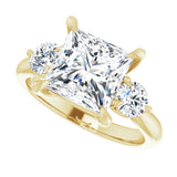 Three-stone engagement ring with round side stones in 14K gold, diamond center, overhead variant--Square variant--3CT variant--14K-yellow-gold