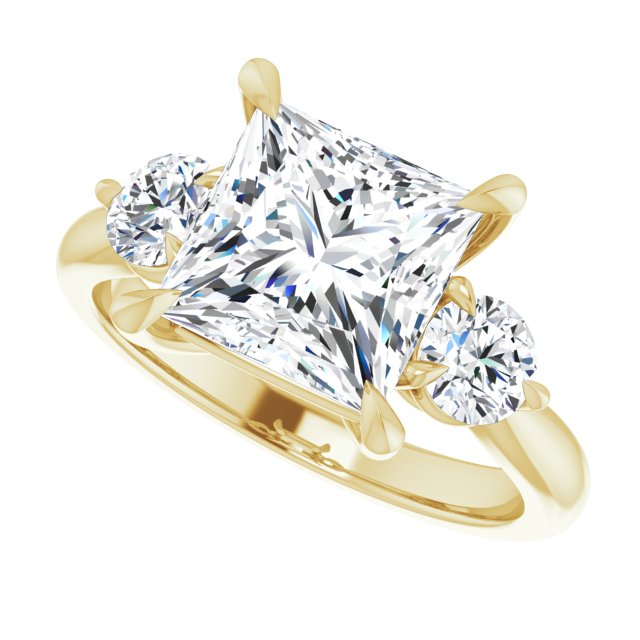 Three-stone engagement ring with round side stones in 14K gold, diamond center, overhead variant--Square variant--3CT variant--14K-yellow-gold