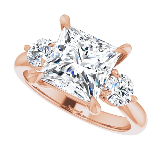 Three-stone engagement ring with round side stones in 14K gold, diamond center, showing setting detail variant--Square variant--3CT variant--14K-rose-gold