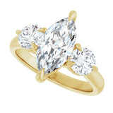 Three-stone engagement ring with round side stones in 14K gold, diamond center, overhead variant--Marquise variant--2CT variant--14K-yellow-gold
