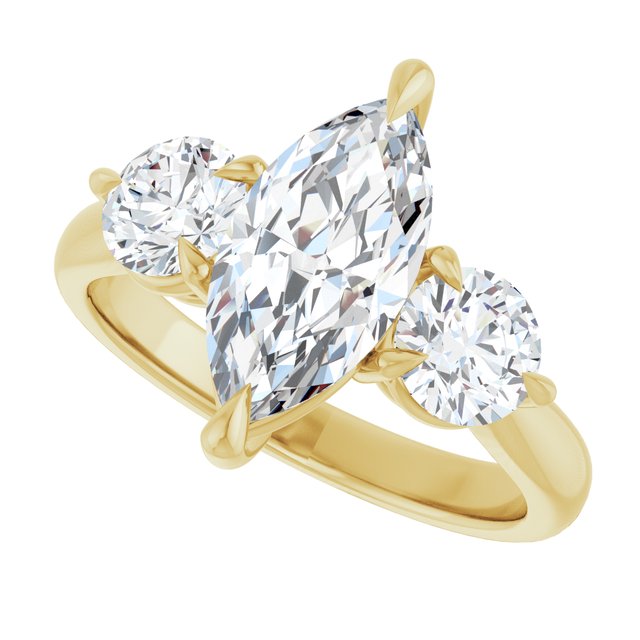 Three-stone engagement ring with round side stones in 14K gold, diamond center, overhead variant--Marquise variant--2CT variant--14K-yellow-gold