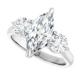 Three-stone engagement ring with round side stones in 14K gold, diamond center, showing setting detail variant--Marquise variant--2CT variant--14K-white-gold