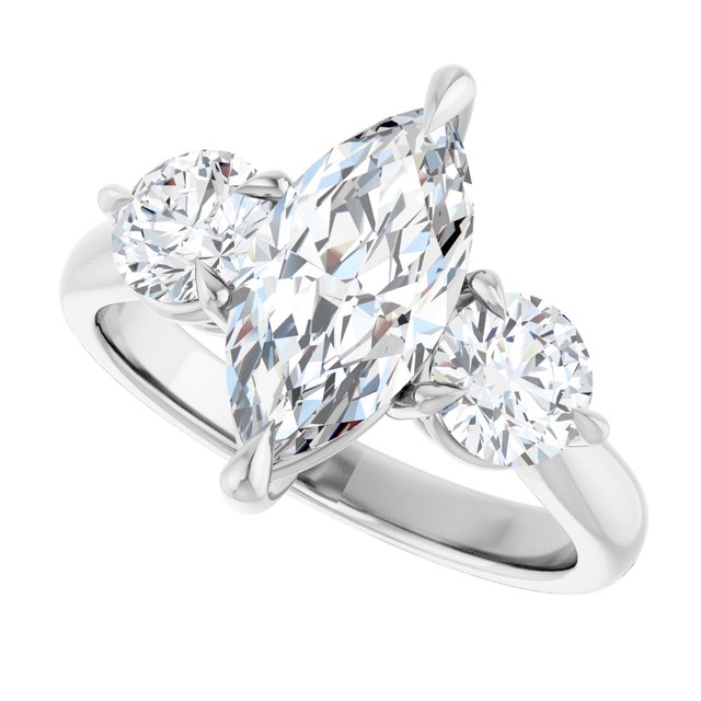 Three-stone engagement ring with round side stones in 14K gold, diamond center, showing setting detail variant--Marquise variant--2CT variant--14K-white-gold