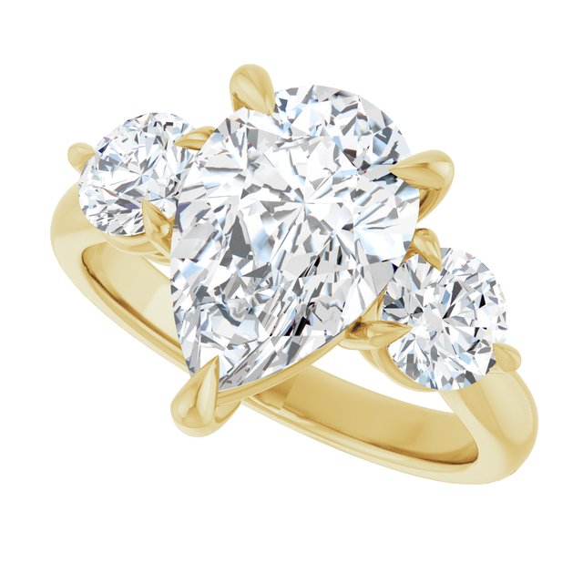 Three-stone engagement ring with round side stones in 14K gold, diamond center, on hand variant--Pear variant--3CT variant--14K-yellow-gold