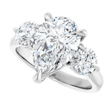 Three-stone engagement ring with round side stones in 14K gold, diamond center, overhead variant--Pear variant--3CT variant--14K-white-gold