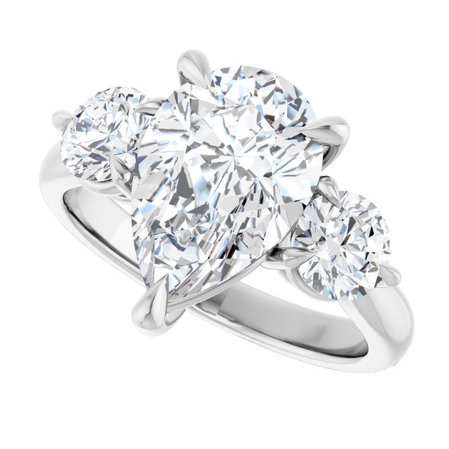 Three-stone engagement ring with round side stones in 14K gold, diamond center, overhead variant--Pear variant--3CT variant--14K-white-gold