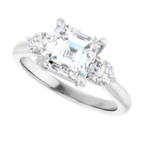 Three-stone engagement ring with round side stones in 14K gold, diamond center, on hand variant--Asscher variant--2CT variant--14K-white-gold