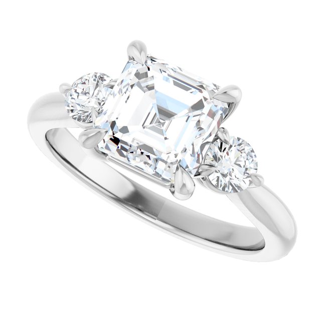 Three-stone engagement ring with round side stones in 14K gold, diamond center, on hand variant--Asscher variant--2CT variant--14K-white-gold
