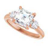 Three-stone engagement ring with round side stones in 14K gold, diamond center, overhead variant--Asscher variant--2CT variant--14K-rose-gold