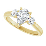 Three-stone engagement ring with round side stones in 14K gold, diamond center, showing setting detail variant--Pear variant--1CT variant--14K-yellow-gold