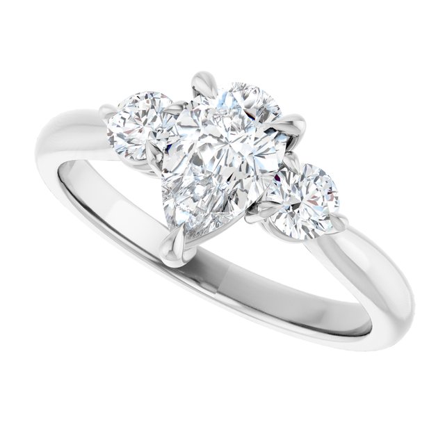 Three-stone engagement ring with round side stones in 14K gold, diamond center, three-quarter angle variant--Pear variant--1CT variant--14K-white-gold