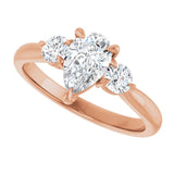 Three-stone engagement ring with round side stones in 14K gold, diamond center, on hand variant--Pear variant--1CT variant--14K-rose-gold