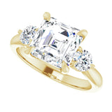 Three-stone engagement ring with round side stones in 14K gold, diamond center, showing setting detail variant--Asscher variant--3CT variant--14K-yellow-gold