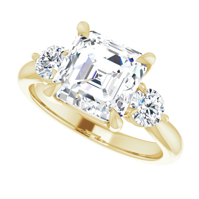 Three-stone engagement ring with round side stones in 14K gold, diamond center, showing setting detail variant--Asscher variant--3CT variant--14K-yellow-gold