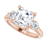 Three-stone engagement ring with round side stones in 14K gold, diamond center, on hand variant--Asscher variant--3CT variant--14K-rose-gold