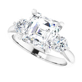 Three-stone engagement ring with round side stones in 14K gold, diamond center, three-quarter angle variant--Asscher variant--3CT variant--14K-white-gold