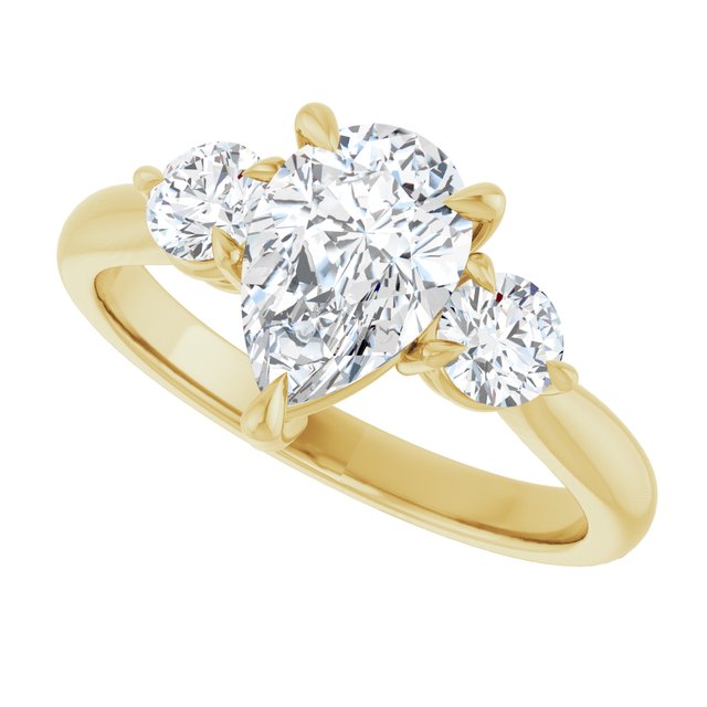 Three-stone engagement ring with round side stones in 14K gold, diamond center, overhead variant--Pear variant--2CT variant--14K-yellow-gold