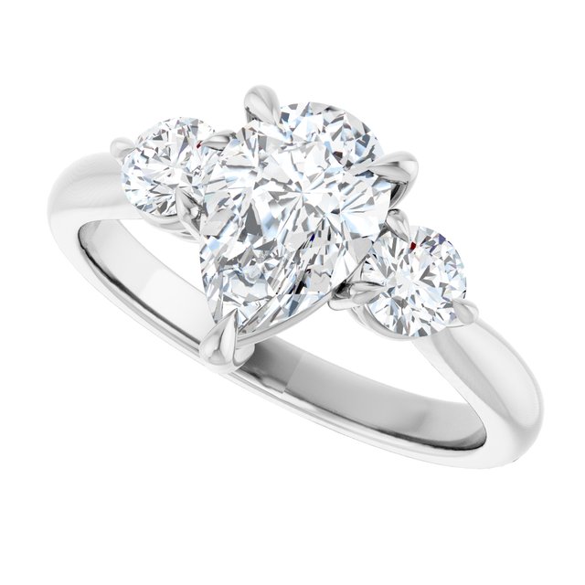 Three-stone engagement ring with round side stones in 14K gold, diamond center, showing setting detail variant--Pear variant--2CT variant--14K-white-gold