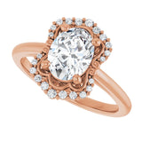 Scalloped halo diamond engagement ring in 14K gold, diamond center, three-quarter angle variant--Oval variant--2CT variant--14K-rose-gold